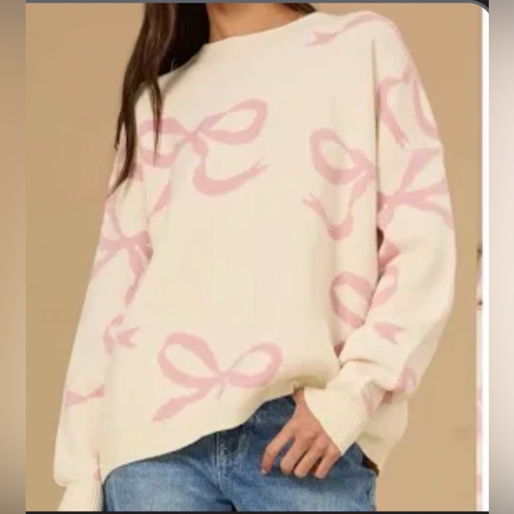 Altar’D State Bow Sweater Pink and Cream Size Small Valentines Day Crew Neck